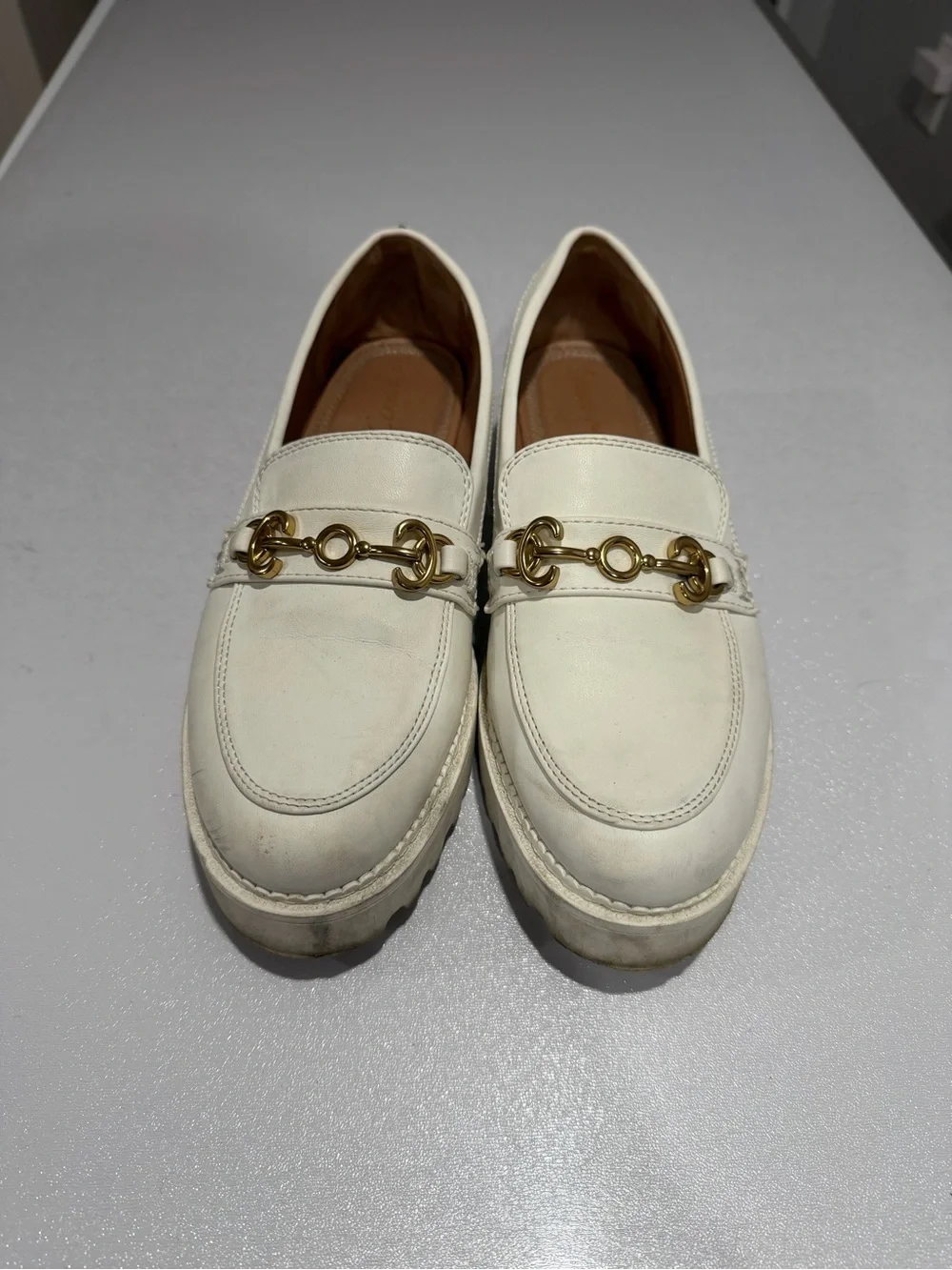 Circus by Sam Edelman Cream Leather Loafers with Gold Hardware